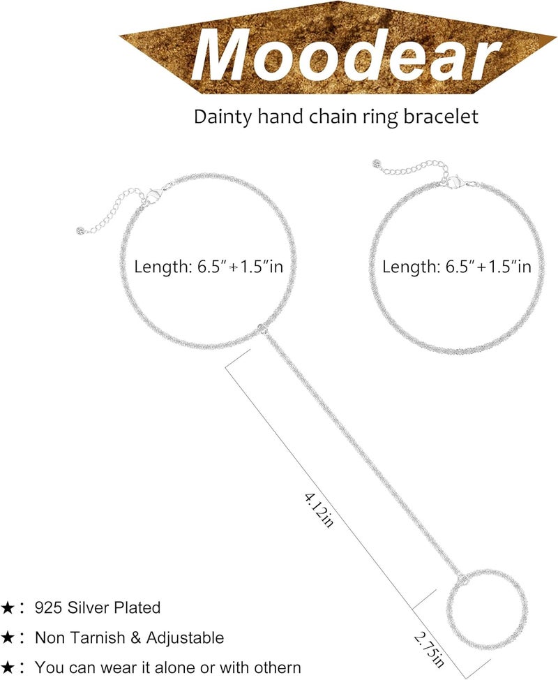 Moodear Sterling Silver Dainty Ring Bracelet Hand Chain for Women - 14K Gold Plated/Sterling Silver Layered Adjustable Satellite Bead Paperclip Dot CZ Link Hand Chain Bracelets Non Tarnish Trendy Jewelry Gift - Image 5